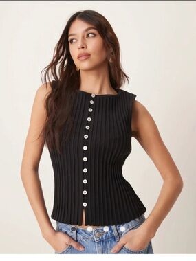 Free People Black Ribbed Button-Front Tank